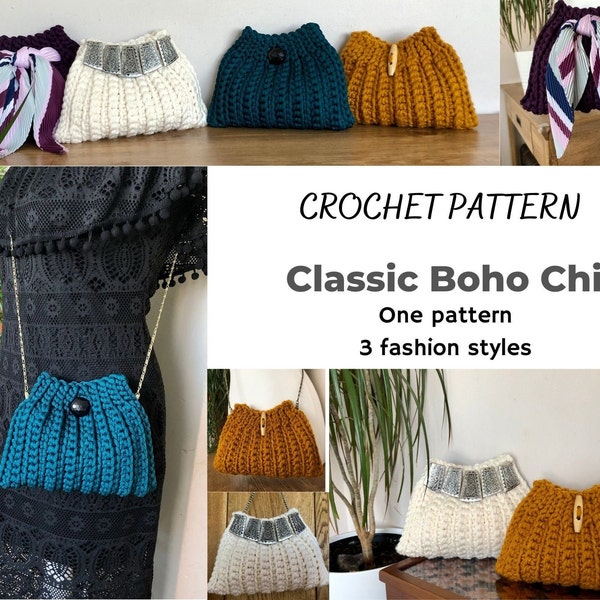 Modern crochet bag pattern, classic, boho, chic, easy crochet bag pattern, cord, t-shirt yarn, chunky yarn, crochet purse, small bag