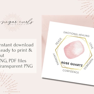 Carte de signification imprimable en cristal de pierre précieuse de quartz rose. Étiquettes de produit Étiquettes imprimables Signification de la pierre précieuse Cartes de présentation de bijoux Insertions d&#39;emballage