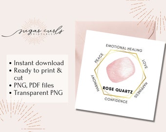 Rose Quartz gemstone printable crystal meaning card. Product tags printable labels gemstone meaning jewelry display cards Packaging inserts