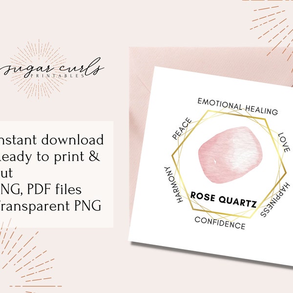 Rose Quartz gemstone printable crystal meaning card. Product tags printable labels gemstone meaning jewelry display cards Packaging inserts