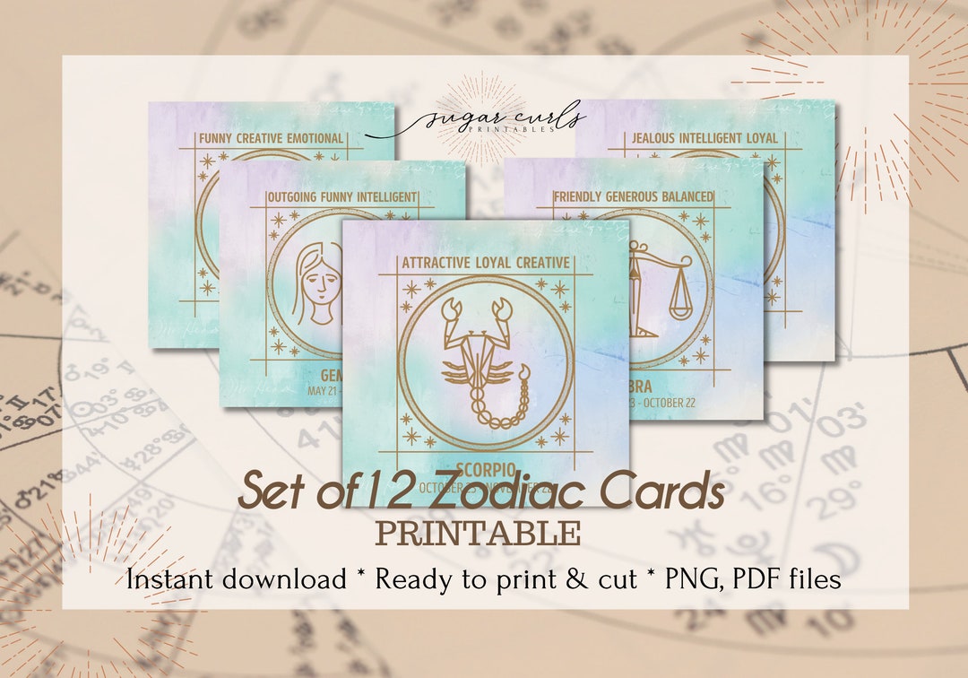 Set of 12 Printable Zodiac Cards. Packaging Inserts Product - Etsy