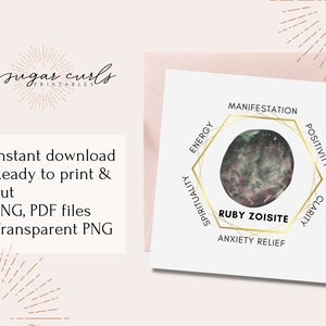 Puede incluir: Descarga digital imprimible de una ilustración de acuarela de un cristal de zoisita rubí con un marco hexagonal dorado. El cristal está rodeado de palabras que describen sus propiedades: manifestación, energía, espiritualidad, positividad, claridad y alivio de la ansiedad.