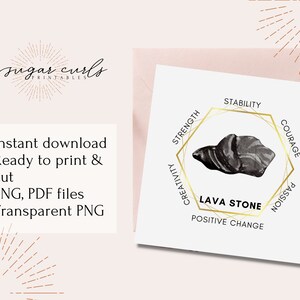 Tarjeta de significado de cristal imprimible de Lava Stone. Pegatina de cristal de descarga digital. Etiquetas de productos etiquetas imprimibles, pegatinas, tarjetas de presentación, piedras preciosas