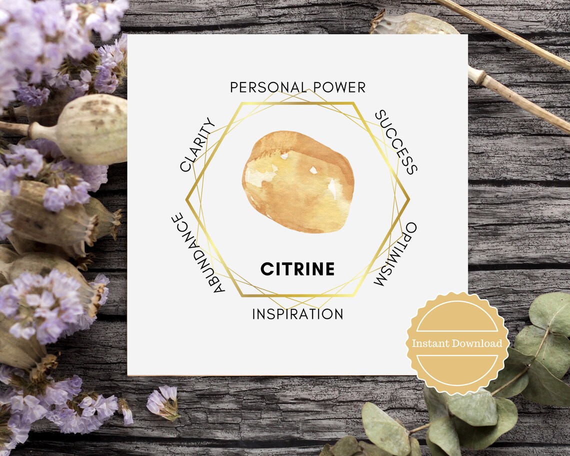 Yellow Citrine printable crystal meaning card. Digital | Etsy