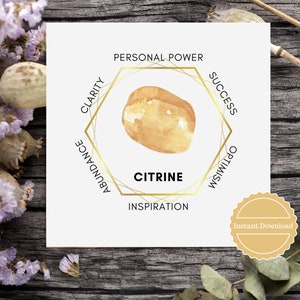 Yellow Citrine printable crystal meaning card. Digital | Etsy