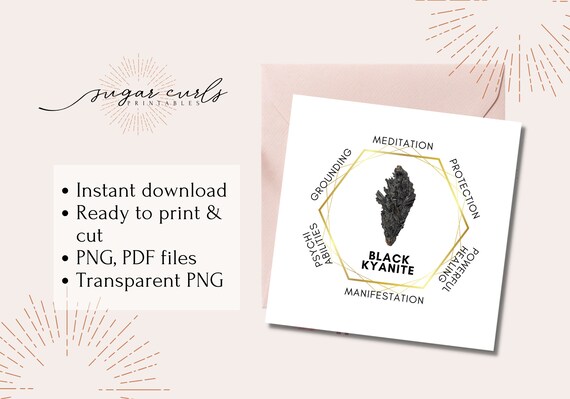 Black Kyanite Gemstone Printable Crystal Meaning Card Product Tags