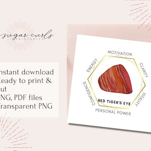 May include: A digital print featuring a watercolour illustration of a Red Tiger's Eye gemstone, with text indicating properties like energy and motivation. The design includes the text "Sugar Curls Printables".