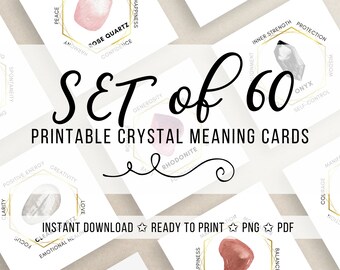 Set of 60 printable crystal meaning cards. Printable labels for gemstone meaning jewelry display cards. Packaging inserts, product labels