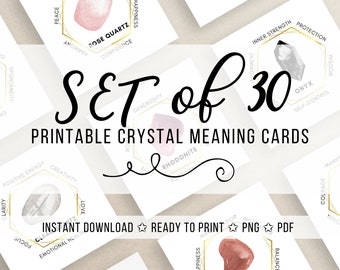 Set of 30 printable crystal meaning cards. Printable labels for gemstone meaning jewelry display cards. Packaging inserts, product labels