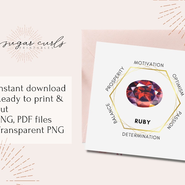 Red Ruby gemstone printable crystal meaning card. Product tags printable labels, gemstone meaning jewelry display cards. Packaging inserts