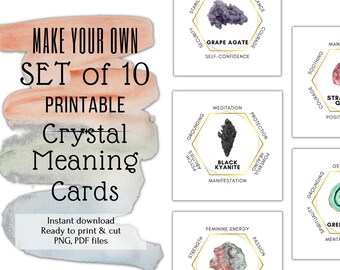 Custom Set of 10 printable crystal meaning cards. PICK YOUR OWN digital labels for gemstone meaning jewelry display cards. Packaging inserts