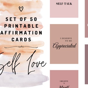 Set di 50 cartoline di affermazione stampabili per la stampa dell'amore per se stessi a casa, download digitale fai-da-te. Mazzo di carte di affermazione quotidiana con citazioni ispiratrici
