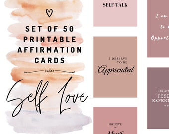 May include: Set of 50 printable affirmation cards with a watercolor background. The cards feature positive self-love affirmations such as "I deserve to be appreciated" and "I believe in myself".