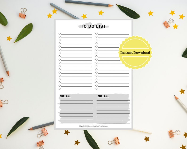 May include: A printable to-do list with two columns for tasks and a notes section. The printable has a gray and white color scheme and the text "TO DO LIST" is at the top of the page. The words "Instant Download" are in a yellow circle.