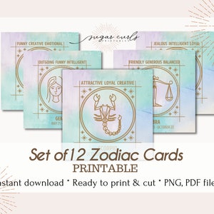 Conjunto de 12 cartões do zodíaco para impressão. Inserções de embalagens, etiquetas de produtos, etiquetas para impressão de cartões astrológicos, cartões de exibição de joias, etiquetas de produtos.