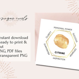 Yellow Citrine printable crystal meaning card. Digital download crystal sticker. Product tags printable labels stickers display cards stone