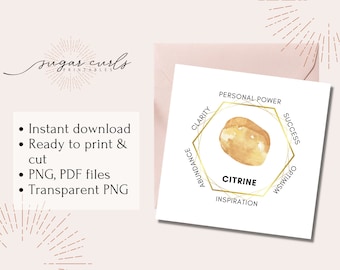 Yellow Citrine printable crystal meaning card. Digital download crystal sticker. Product tags printable labels stickers display cards stone