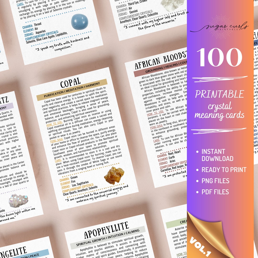 VOL.1 - Set of 100 Printable Crystal Meaning Cards Printable Gemstone ...
