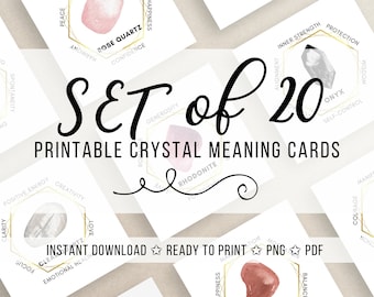 Set of 20 printable crystal meaning cards. Printable labels for gemstone meaning jewelry display cards. Packaging inserts, crystal stickers