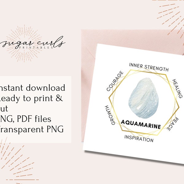 Aquamarine gemstone printable crystal meaning card. Product tags printable labels, gemstone meaning jewelry display cards Printable stickers