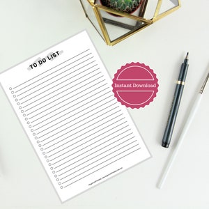 May include: Printable to-do list with a gray background and black text. The title is "TO DO LIST" with a gray and white brush stroke effect. The list has 30 lines with circles for check marks. The image also includes a pink circle with the text "Instant Download".