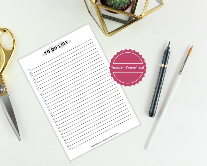 May include: Printable to-do list with a gray background and black text. The title is "TO DO LIST" with a gray and white brush stroke effect. The list has 30 lines with circles for check marks. The image also includes a pink circle with the text "Instant Download".