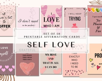 May include: Set of 50 printable affirmation cards with pink and brown backgrounds. The cards feature positive self-love affirmations such as "I love who I am", "I will keep trying", and "I am grateful for this body, this mind, this soul".
