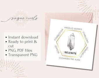 Selenite printable crystal meaning card. Digital download crystal sticker. Product tags printable labels stickers display cards stone