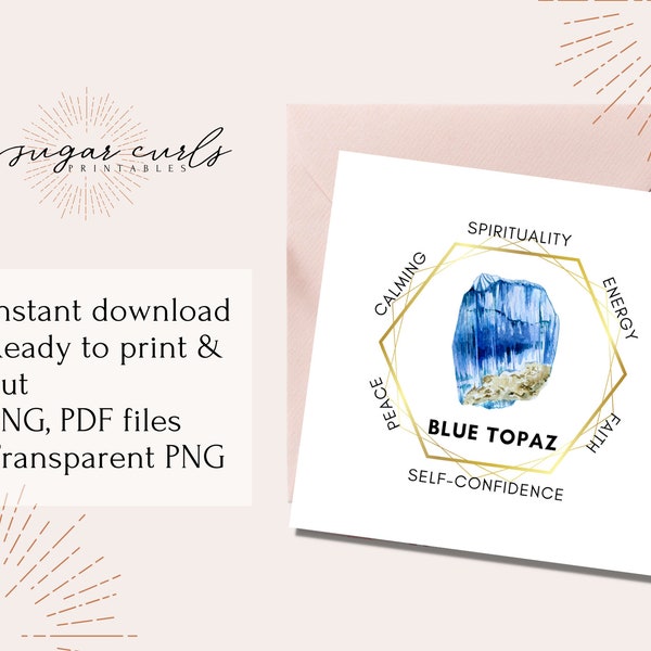 Blue Topaz gemstone printable crystal meaning card. Product tags printable labels, gemstone meaning jewelry display cards. Packaging inserts