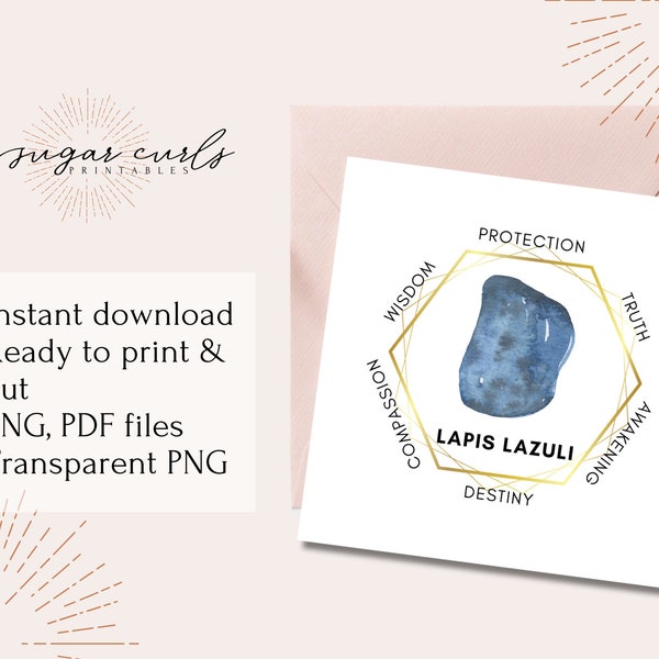 Lapis Lazuli gemstone printable crystal meaning card. Product tags printable labels gemstone meaning jewelry display cards Packaging inserts