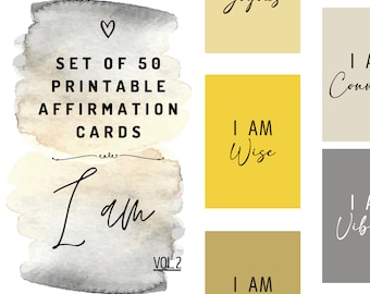 I AM - Set of 50 printable affirmation cards, positive affirmations DIY digital download. Inspirational quotes daily affirmation cards deck
