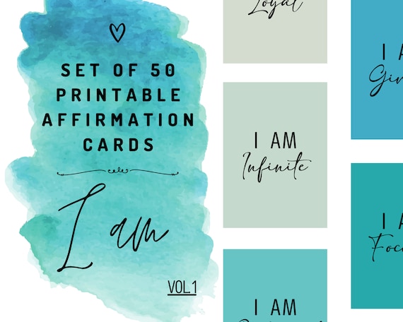 I AM - Set of 50 printable affirmation cards, positive affirmations DIY digital download. Inspirational quotes daily affirmation cards deck