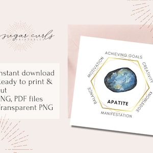 Apatite gemstone printable crystal meaning card. Product tags printable labels, gemstone meaning jewelry display cards. Packaging inserts