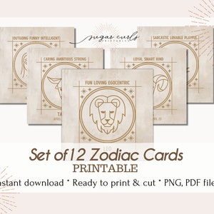 Conjunto de 12 cartões do zodíaco para impressão. Inserções de embalagens, etiquetas de produtos, etiquetas para impressão de cartões astrológicos, cartões de exibição de joias, etiquetas de produtos.