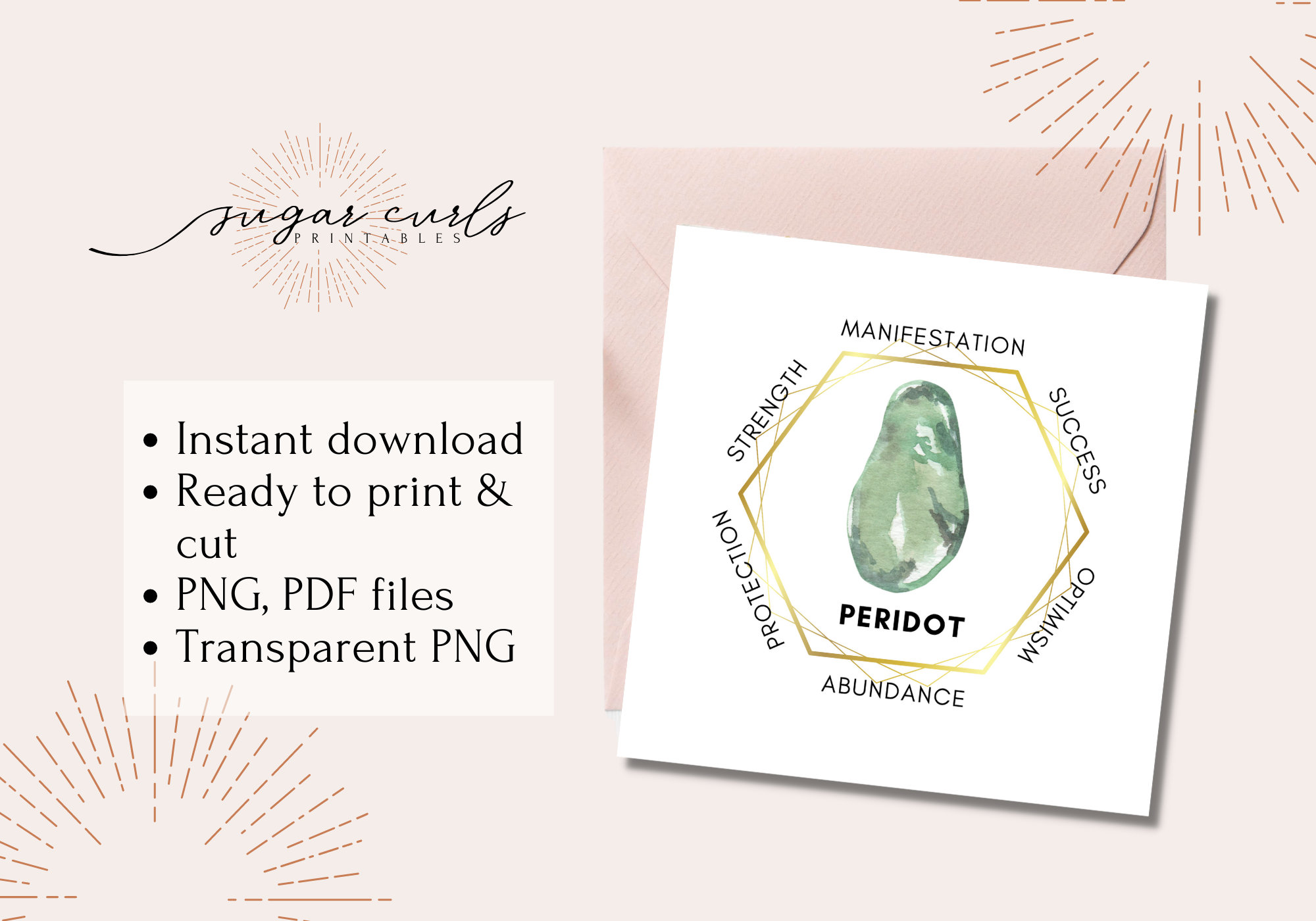 Green Peridot gemstone printable crystal meaning card Product tags printable labels gemstone meaning jewelry display cards Packaging inserts