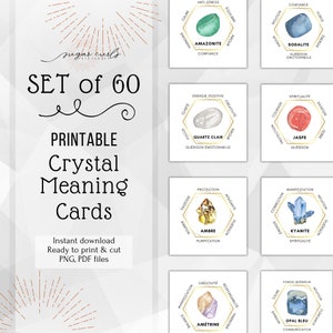 Set of 60 printable crystal meaning cards. Printable labels for gemstone meaning jewelry display cards. Packaging inserts, product labels