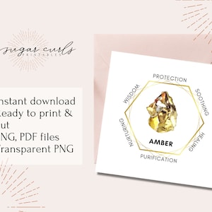 Amber gemstone printable crystal meaning card. Digital download crystal sticker. Product tags printable labels, stickers display cards