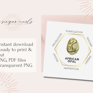 May include: A digital print featuring an African Opal design with the words "Protection, Insight, Purification, Healing, Energy, Inspiration". The print also includes the text "Instant download, Ready to print & cut, PNG, PDF files, Transparent PNG".