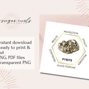Pyrite cluster printable crystal meaning card. Digital download crystal sticker. Product tags printable labels stickers display cards stone