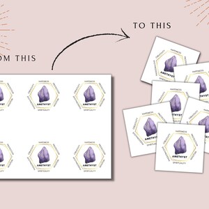 May include: A sheet of stickers featuring a purple amethyst crystal with gold accents. The crystal is surrounded by a hexagon with the words "Happiness, Creativity, Intuition, Protection, Motivation, Spirituality" written around it. The stickers are arranged in a grid pattern.