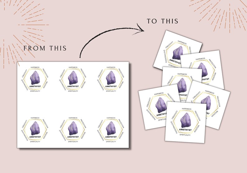 May include: A sheet of stickers featuring a purple amethyst crystal with gold accents. The crystal is surrounded by a hexagon with the words "Happiness, Creativity, Intuition, Protection, Motivation, Spirituality" written around it. The stickers are arranged in a grid pattern.