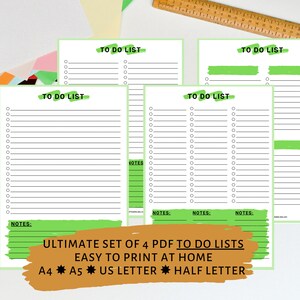 May include: A set of four printable to-do list templates. Each page features a header that reads "TO DO LIST" in green, with a series of blank lines for tasks. The bottom of the pages have the word "NOTES" in green. The text "ULTIMATE SET OF 4 PDF TO DO LISTS EASY TO PRINT AT HOME A4 A5 US LETTER HALF LETTER" is also visible.