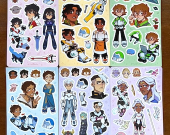 May include: Six colorful sticker sheets featuring cartoon illustrations of characters in various poses. Each sheet has a different background color, with characters in action poses, and additional smaller character head stickers.