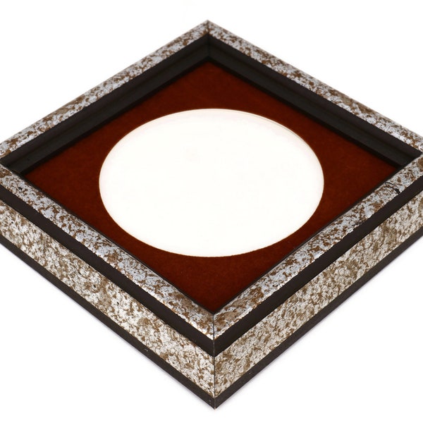 Silver with Antiqued Gold Veining Square or Diamond Picture Frame, Round Opening, Fabric Mat, Choice of Size & Mat, 1970s 1980s Style 210501