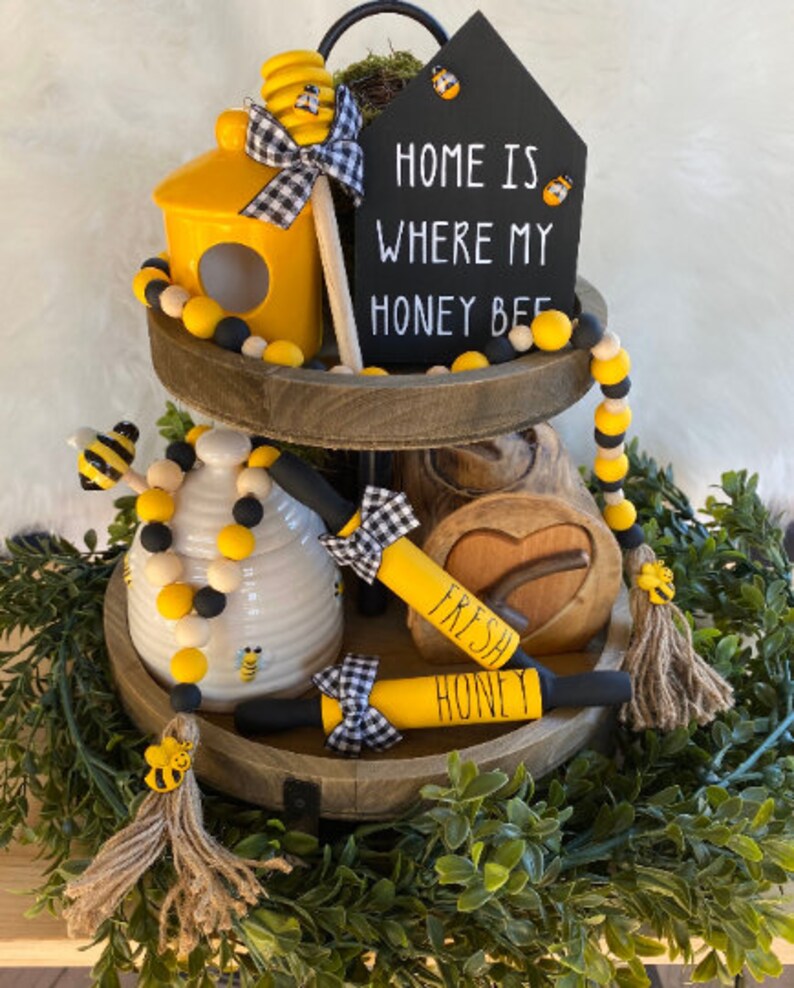 Bee decor // bee tiered tray decor // honey dipper decor // Etsy