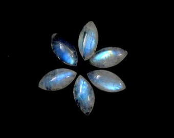 Puede incluir: Seis cabujones de piedra lunar iridiscente en forma de flor, cada uno con un brillo azul.