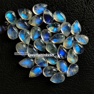 AAA Rainbow Moonstone 7x10mm Pear Gemstone - Flat Back Blue Fire Moonstone Cabs - Wholesale Moonstone Cabochon Lot - 7x10mm Pear Shape Cabs