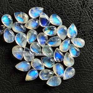 Rainbow Moonstone Blue Fire 7x10mm Pear Shape Cabochon Flat Back Moonstone Pear Cabs 7x10mm Rainbow Moonstone Smooth Stones Indian Moonstone