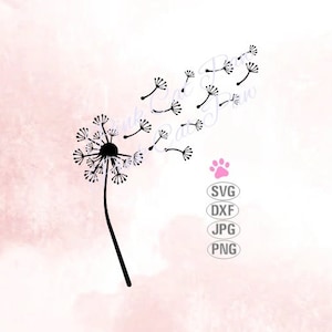 May include: Black and white silhouette of a dandelion with seeds blowing in the wind. The dandelion is in the center of the image and the seeds are blowing to the right. The background is a light pink watercolor wash.