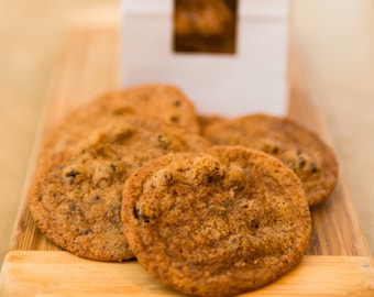 Chocolate Chip Cookies, thin and crunchy, wonderful crumbs for ice cream or coffee, butterscotch flavor too!